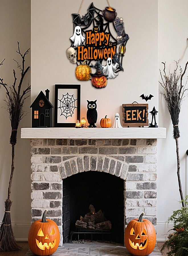 SNILOAW Halloween Door Decoration Wooden Ghost Wreath for Front Door Sign Pumpkin Bat Witch Wreath Hanging for Home Wall Decor Halloween Party Outdoor Indoor Supply - Image 5