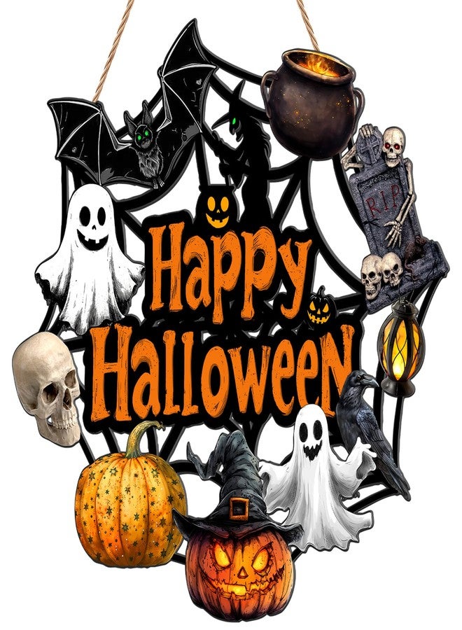 SNILOAW Halloween Door Decoration Wooden Ghost Wreath for Front Door Sign Pumpkin Bat Witch Wreath Hanging for Home Wall Decor Halloween Party Outdoor Indoor Supply - Image 1
