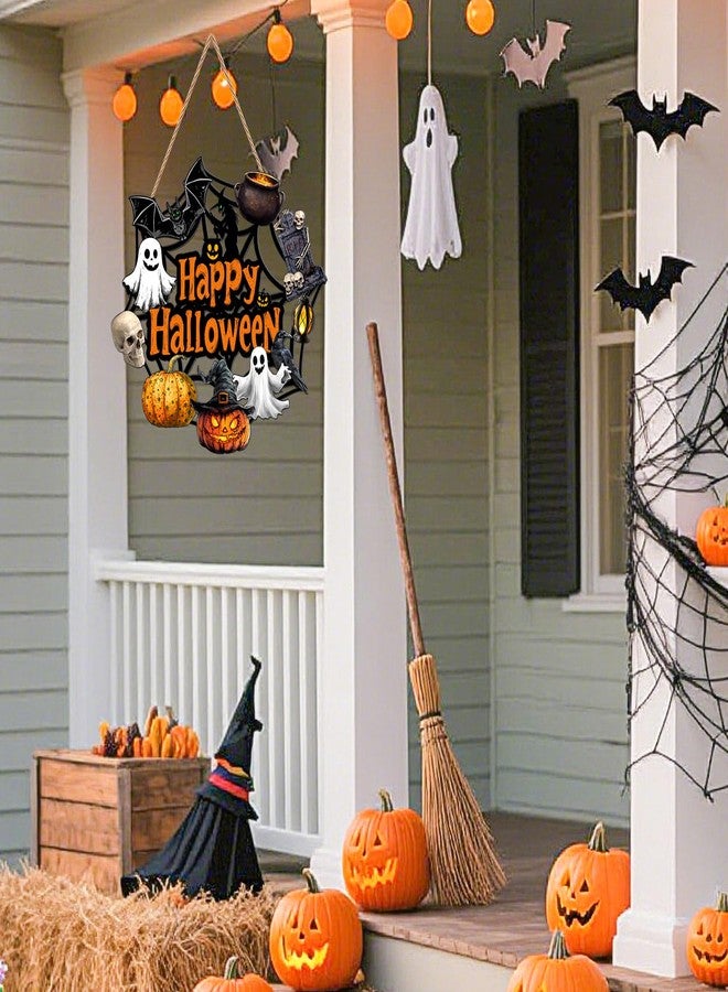 SNILOAW Halloween Door Decoration Wooden Ghost Wreath for Front Door Sign Pumpkin Bat Witch Wreath Hanging for Home Wall Decor Halloween Party Outdoor Indoor Supply - Image 2