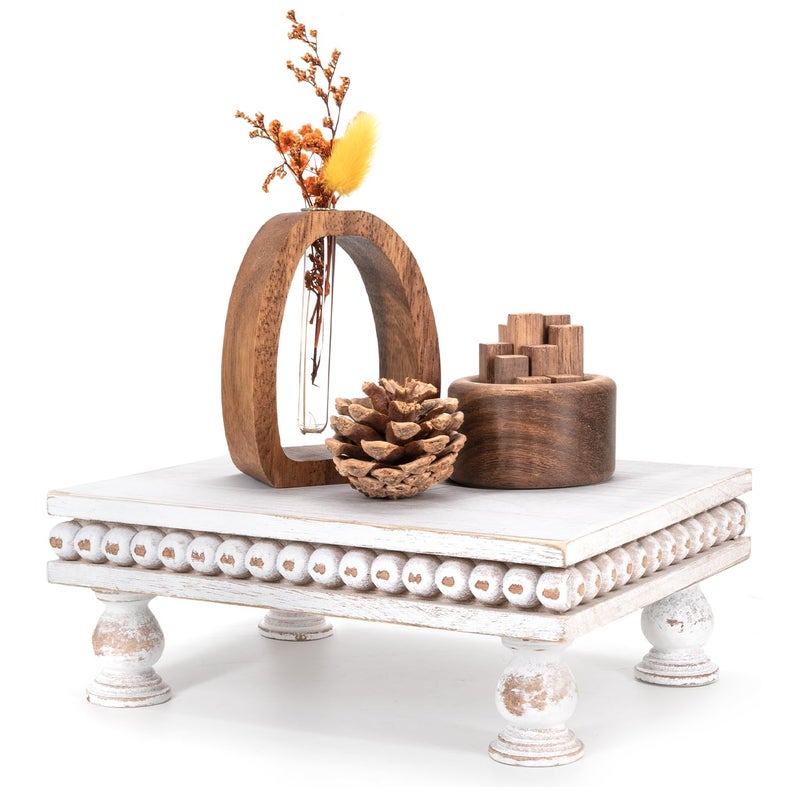 EOSAHR Pine Wood Display Riser â€“ Modern Farmhouse Style Pedestal Stand for Room Decor, New House Essentials, Cake Stand or Coffee Table Accents â€“ Boho Chic Decor Style(Distressed White) - Image 1