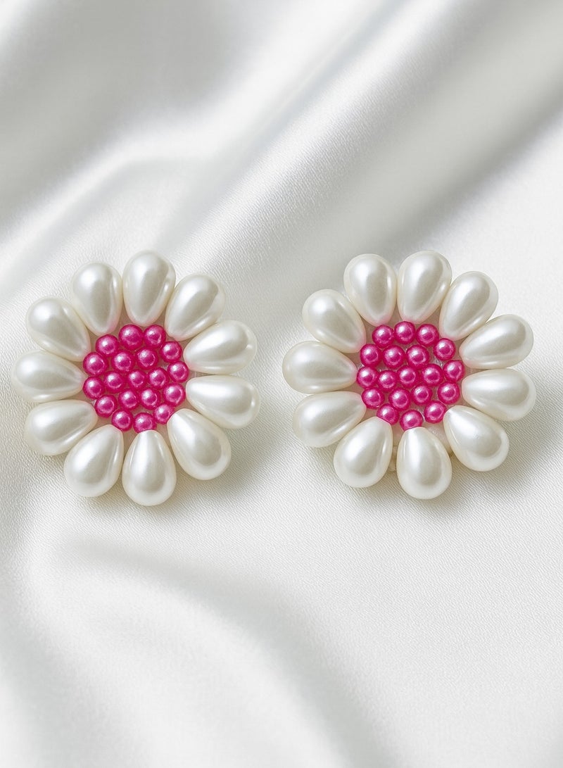 Ready For Chai Handmade Floral Beaded Statement Earrings – Elegant Party & Ethnic Jewelry- Pink
