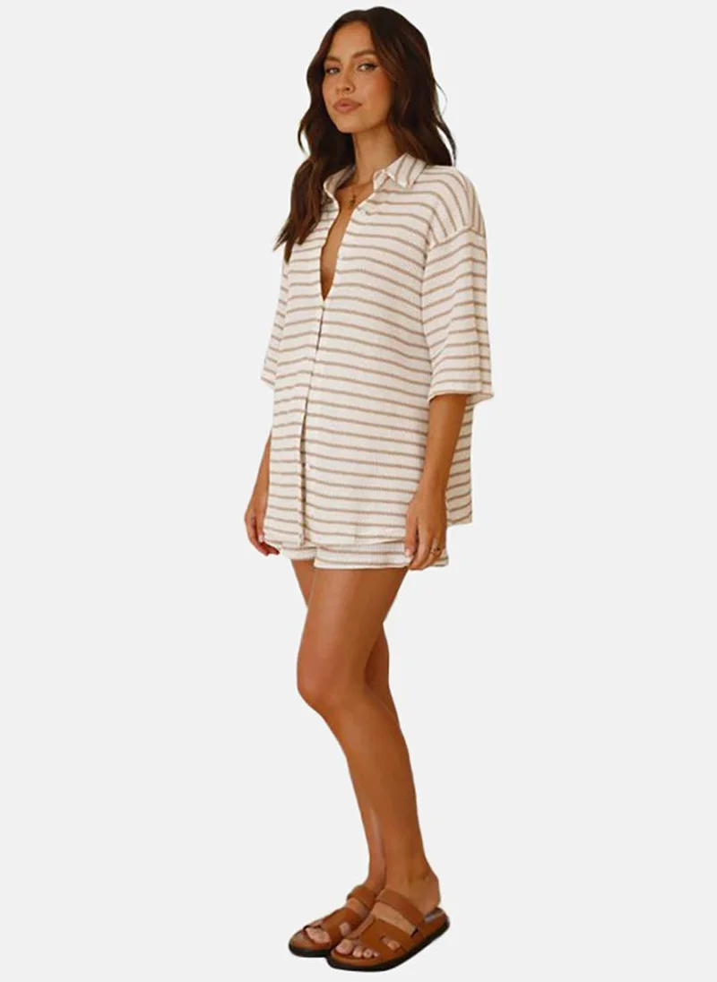 YUNIQEE Brown Striped T-Shirt And Shorts