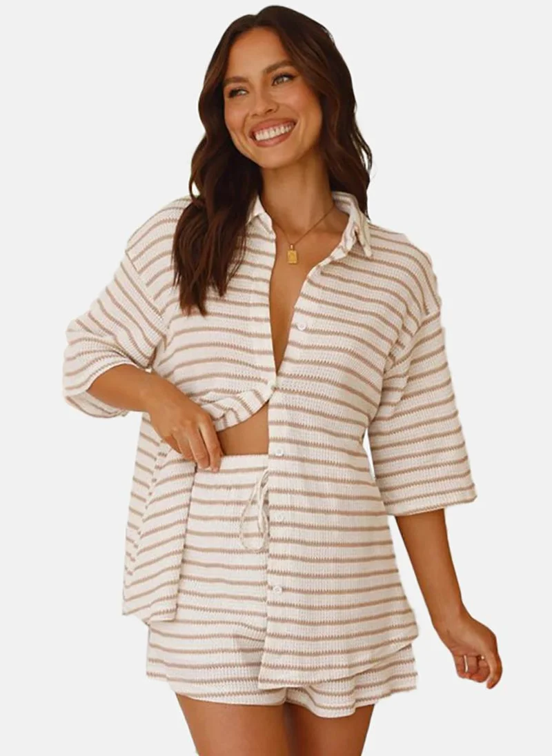 YUNIQEE Brown Striped T-Shirt And Shorts