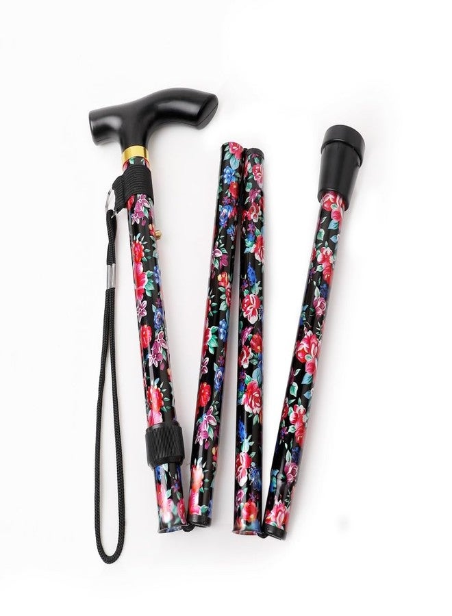 Comfkey Folding Lightweight Walking Stick - Adjustable Aluminum Metal Collapsible Travel Cane with Non-Slip Rubber Base (Black Floral 2) - Image 1