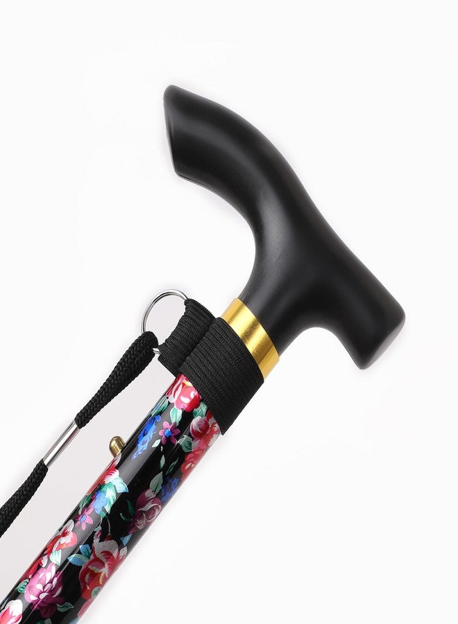 Comfkey Folding Lightweight Walking Stick - Adjustable Aluminum Metal Collapsible Travel Cane with Non-Slip Rubber Base (Black Floral 2) - Image 2