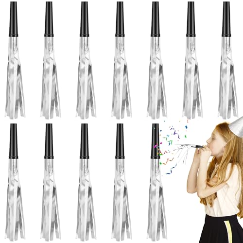 Twavang 12 Pcs Glitter Noise Makers Metallic Fringed Party Blower for Adults Birthday Graduation New Years Party Favors Supplies Silver - Image 1