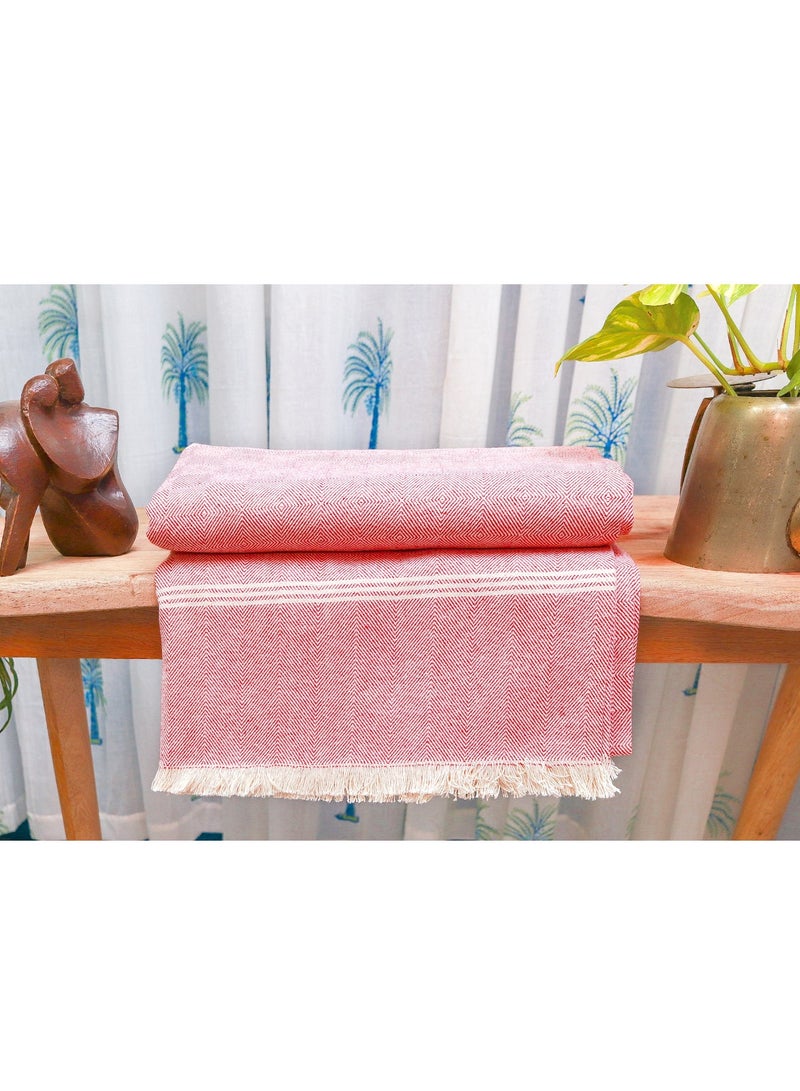 OJARIYA Handwoven Premium Organic Handloom Cotton Red and White Throw Blanket  - Image 2