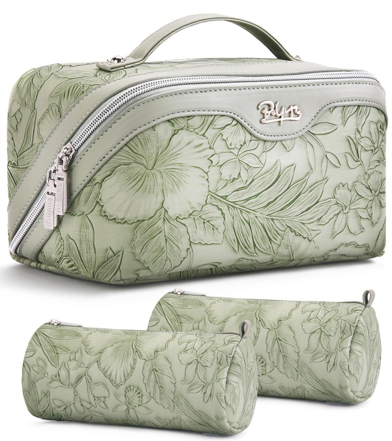 BOYATU Travel Makeup Bags Cosmetic Organizer Bag: 3-Set Large Capacity Make up Bag - PU Leather Toiletry Bags for Women - Wide Open Portable Pouch with Divider & Handle (02-Light Green) - Image 1