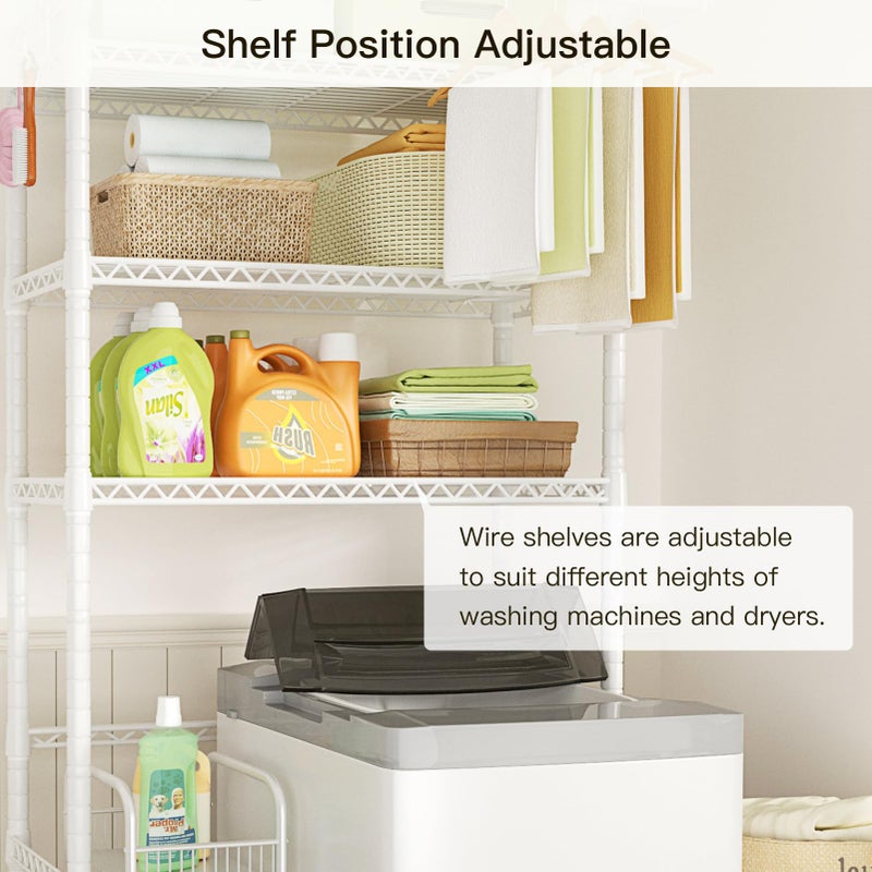 Ulif U11 Over Washer and Dryer Shelves, 3 Tiers Laundry Room Storage and Organizer Standing Shelf, Metal Freestanding Clothes Drying Rack, 33.9" W x 19.7" D x 77.6" H, White - Image 4