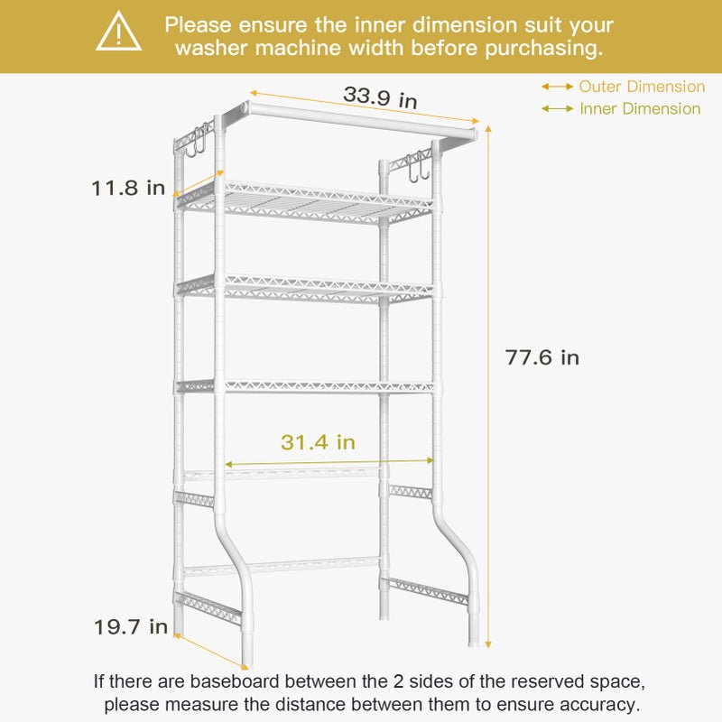 Ulif U11 Over Washer and Dryer Shelves, 3 Tiers Laundry Room Storage and Organizer Standing Shelf, Metal Freestanding Clothes Drying Rack, 33.9" W x 19.7" D x 77.6" H, White - Image 3