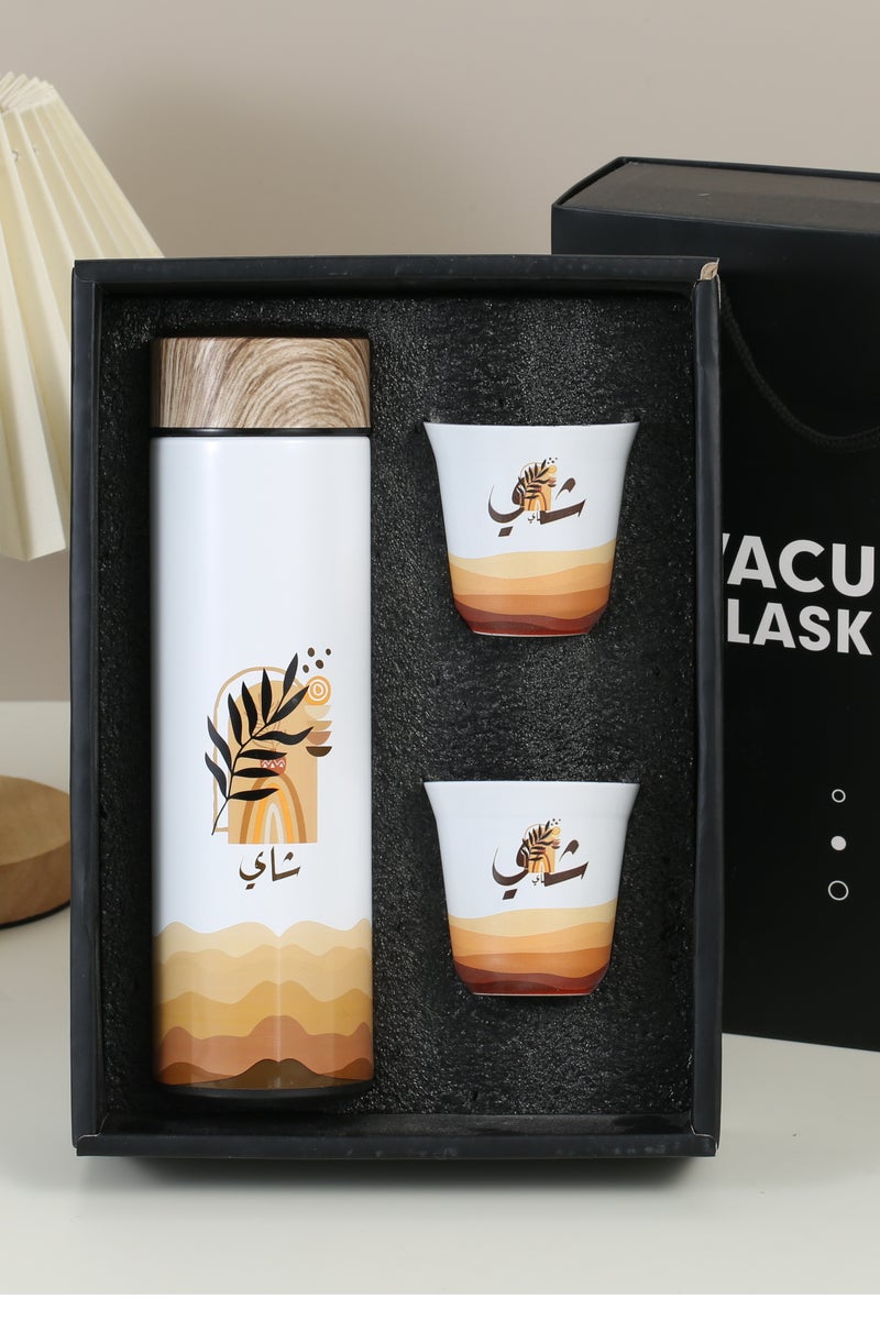 ASIV 3pcs Coffee Cup Set, 1pc 400ml Stainless Steel Water Bottle With 2pcs 80ml Cups,Insulated Tumbler With Wood Grain Lid, Arabic Coffee Thermos - Image 1