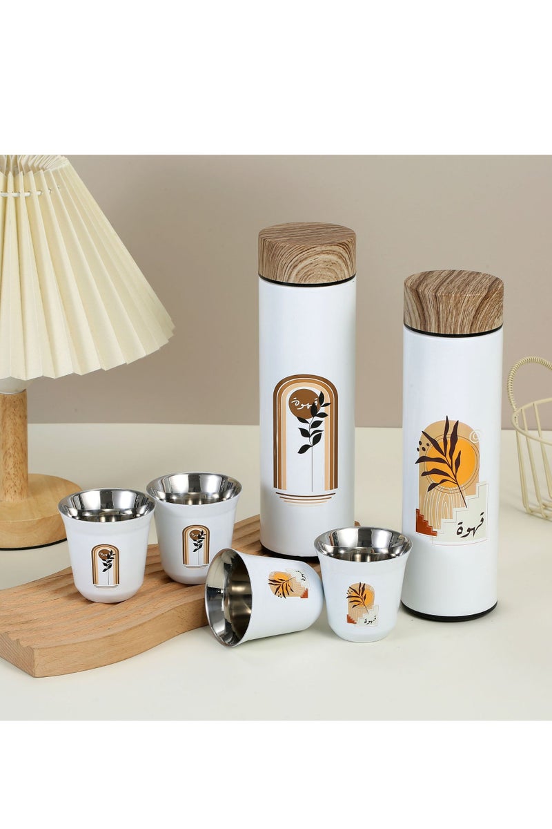 ASIV 3pcs Coffee Cup Set, 1pc 400ml Stainless Steel Water Bottle With 2pcs 80ml Cups,Insulated Tumbler With Wood Grain Lid, Arabic Coffee Thermos - Image 2