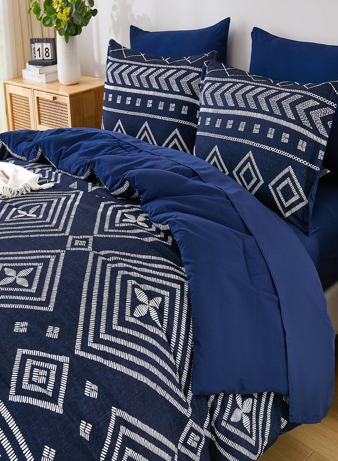 Yiran Navy Blue King Comforter Set, 7 Piece Boho Striped Bedding Set, Geometric Bed in a Bag King, Soft Microfiber Bohemian Complete Bedding Set with Sheets for All Season - Image 4