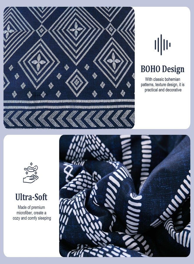 Yiran Navy Blue King Comforter Set, 7 Piece Boho Striped Bedding Set, Geometric Bed in a Bag King, Soft Microfiber Bohemian Complete Bedding Set with Sheets for All Season - Image 5