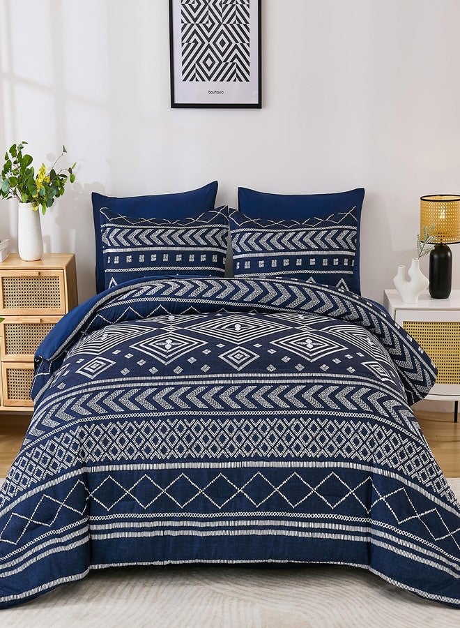 Yiran Navy Blue King Comforter Set, 7 Piece Boho Striped Bedding Set, Geometric Bed in a Bag King, Soft Microfiber Bohemian Complete Bedding Set with Sheets for All Season - Image 2