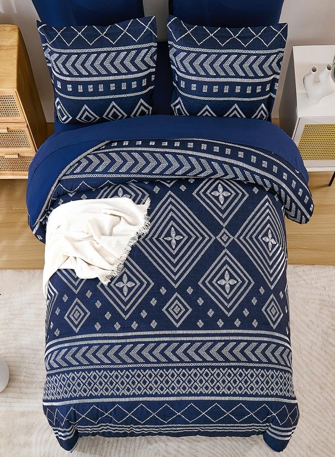 Yiran Navy Blue King Comforter Set, 7 Piece Boho Striped Bedding Set, Geometric Bed in a Bag King, Soft Microfiber Bohemian Complete Bedding Set with Sheets for All Season - Image 3