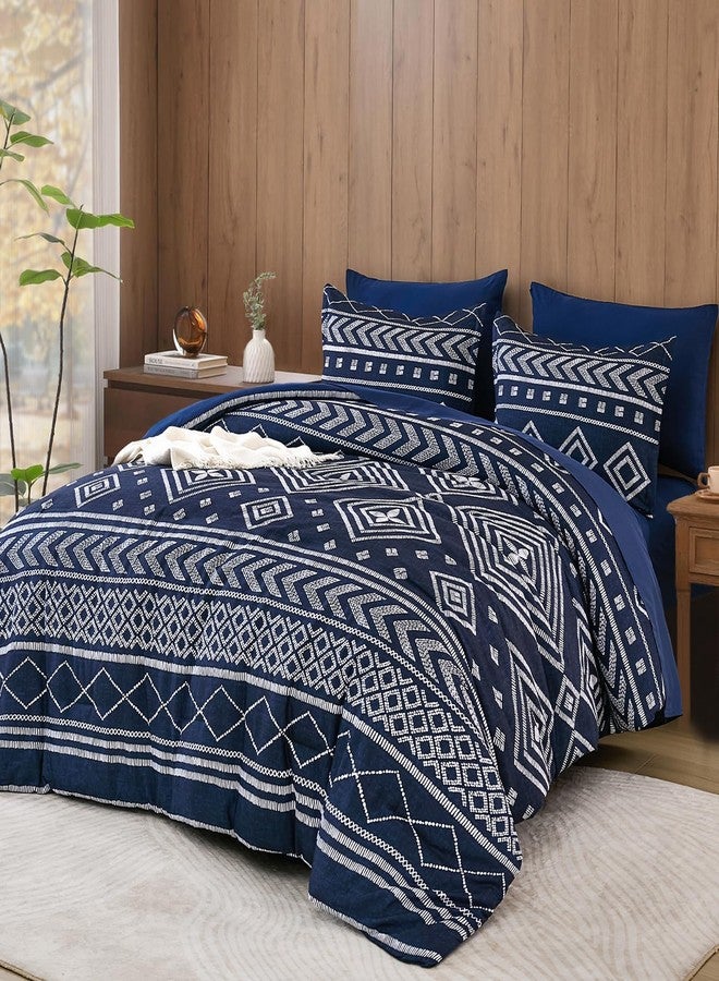Yiran Navy Blue King Comforter Set, 7 Piece Boho Striped Bedding Set, Geometric Bed in a Bag King, Soft Microfiber Bohemian Complete Bedding Set with Sheets for All Season - Image 1