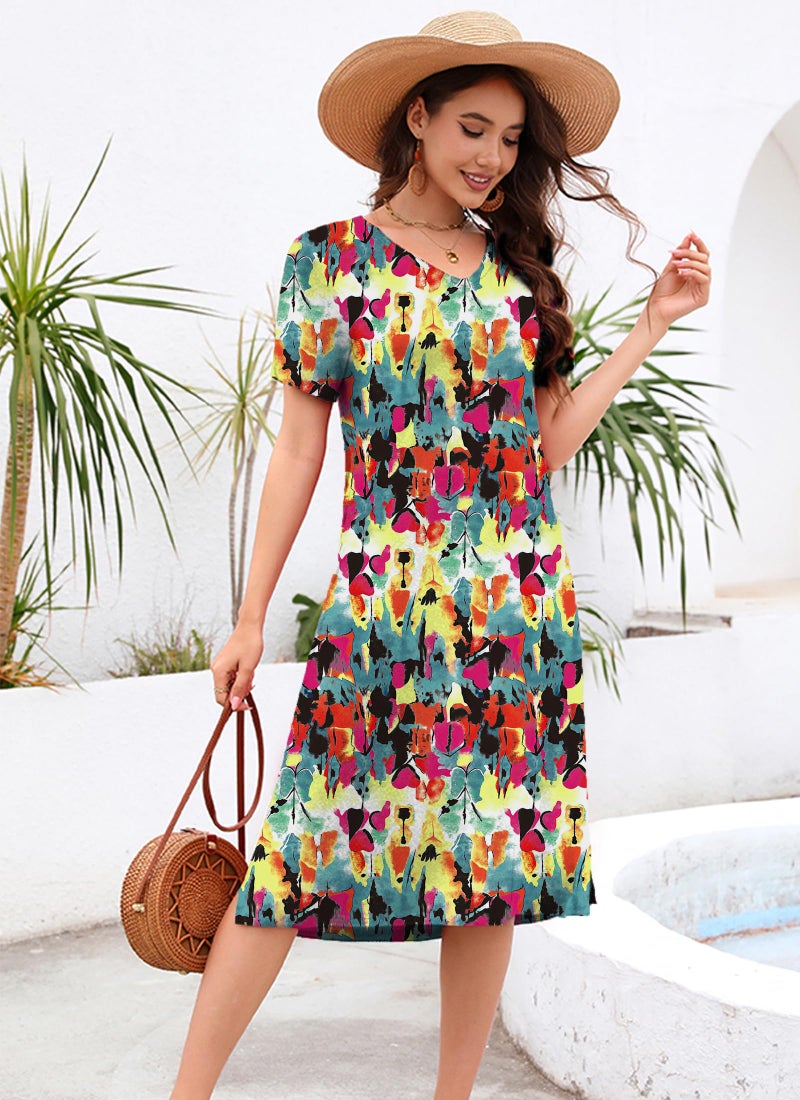 VOBCTY Women's Casual Short Sleeve Tshirt Dress Summer Side Split Loose V Neck Dresses(72B,X-Large) - Image 5