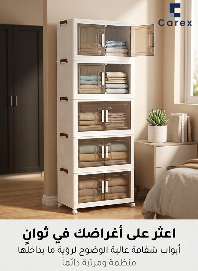 careX 5 Tier No-Assembly Folding Storage Cabinet with Wheels, Clear Brown Door Plastic Organizer for Home Bedroom Kitchen - Image 3