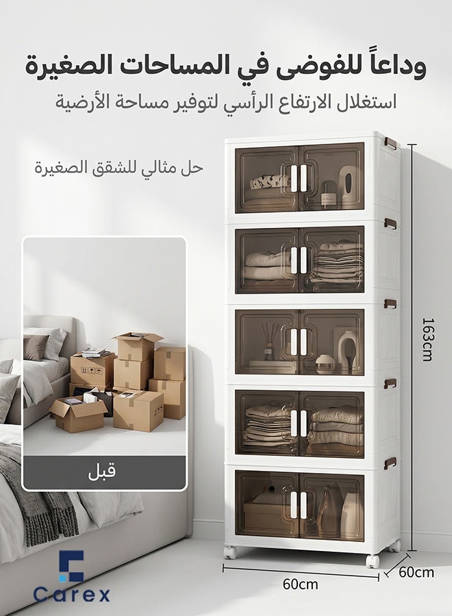 careX 5 Tier No-Assembly Folding Storage Cabinet with Wheels, Clear Brown Door Plastic Organizer for Home Bedroom Kitchen - Image 2