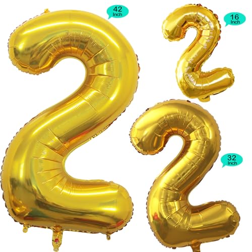 GOER Gold Foil Balloons Number 2Huge Number Balloons for 2nd Birthday Party Supplies Anniversary Decorations3 pcs42 inch32 inch16inch - Image 5