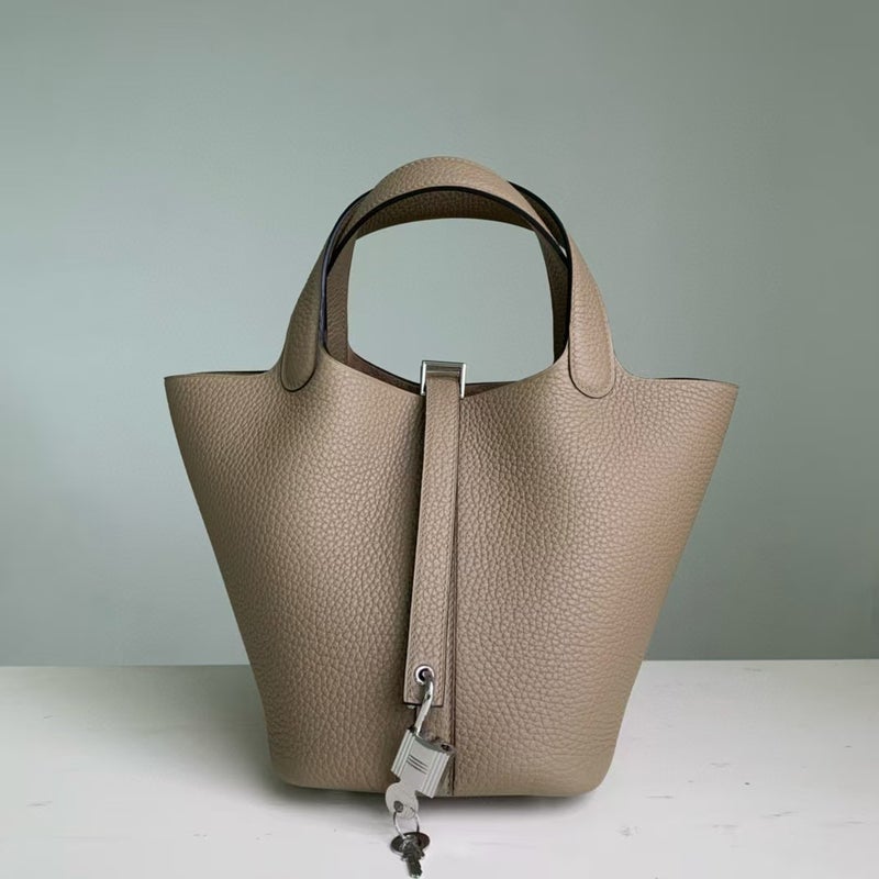 18cm Wax Line Hand Sewed TC Top Layer Cowhide Vegetable Basket Bag Bucket Bag Genuine Leather Womens Bag Handbag Alpha beige 