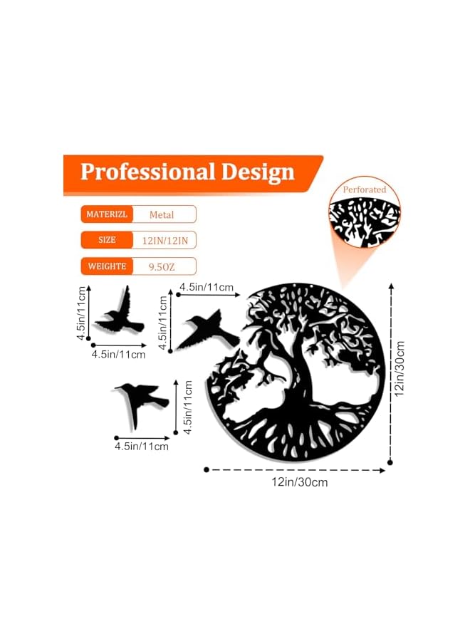 The Bros Tree of Life Metal Wall Art with 3Pcs Birds,4Pcs Black Metal Wall Decorative Art with 3Pcs Birds for Living Room, Bathroom, Kitchen (12 inches Black) - Image 2