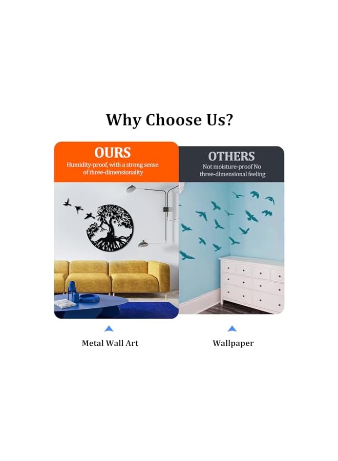 The Bros Tree of Life Metal Wall Art with 3Pcs Birds,4Pcs Black Metal Wall Decorative Art with 3Pcs Birds for Living Room, Bathroom, Kitchen (12 inches Black) - Image 5