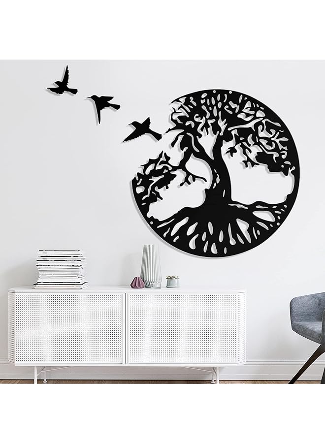 The Bros Tree of Life Metal Wall Art with 3Pcs Birds,4Pcs Black Metal Wall Decorative Art with 3Pcs Birds for Living Room, Bathroom, Kitchen (12 inches Black) - Image 1