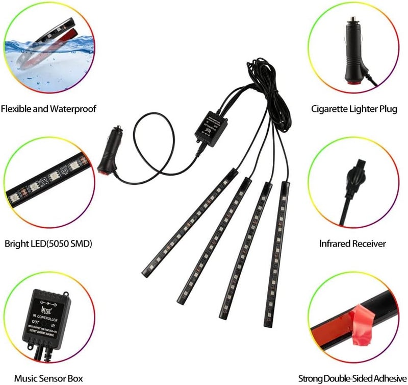 LUOWAN Car LED Strip Lights, 4 Pieces DC 12V 48 LED Multicolor Car Interior Music Light, with Sound Active Function, Wireless Remote Control, Multi-Modes for Choice - Image 3