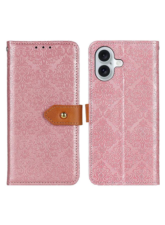 Green Tiger For iPhone 16 Plus European Floral Embossed Leather Phone Case(Pink)