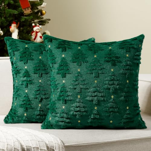 Softalker Christmas Throw Pillow Covers 18 x 18 Inch Set of 2, Xmas Winter Christmas Tree Faux Fur Cushion Covers, 3D Embroidered Pillow Cases for Couch Bedroom Living Room Decor, Green - Image 1