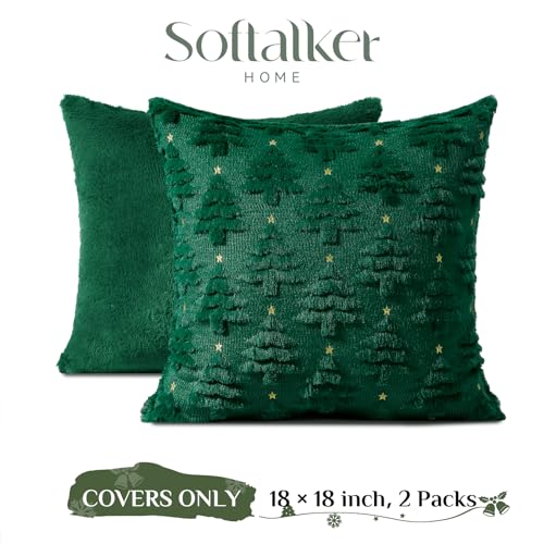 Softalker Christmas Throw Pillow Covers 18 x 18 Inch Set of 2, Xmas Winter Christmas Tree Faux Fur Cushion Covers, 3D Embroidered Pillow Cases for Couch Bedroom Living Room Decor, Green - Image 5