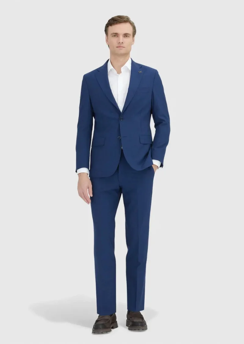RAMSEY Navy Blue Plain Zeroweight Slim Fit Wool Blended Suit