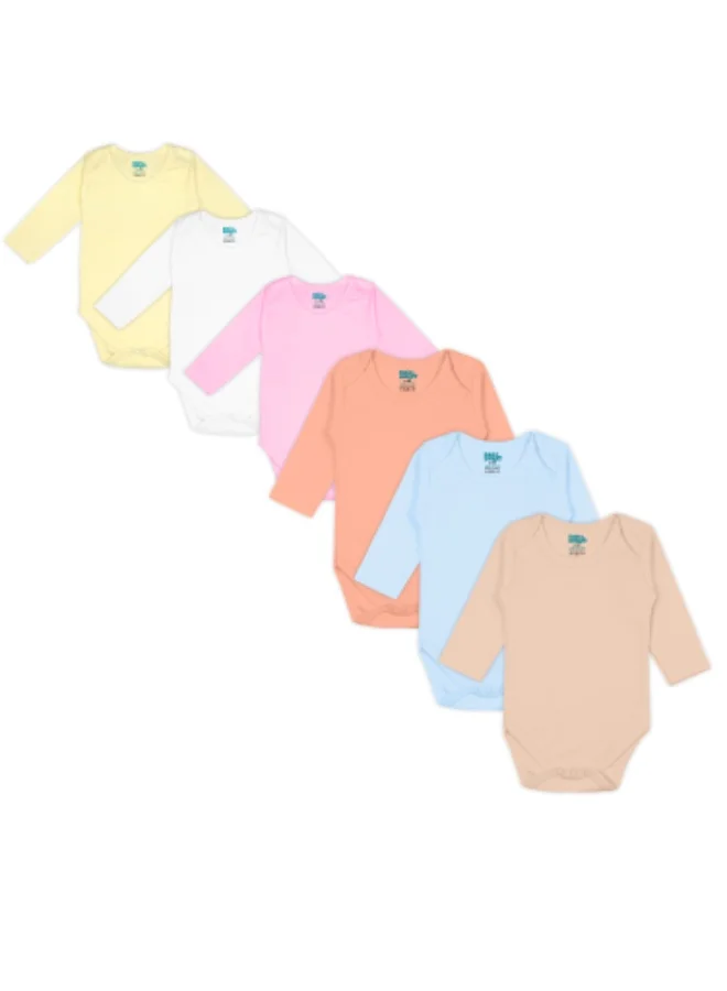 Babies Basic 100% Super Combed Cotton, Long Sleeves Romper/Bodysuit, For New Born To 24Months, Set Of 6 - Blue, Orange, Brown, Pink, Lemon, White
