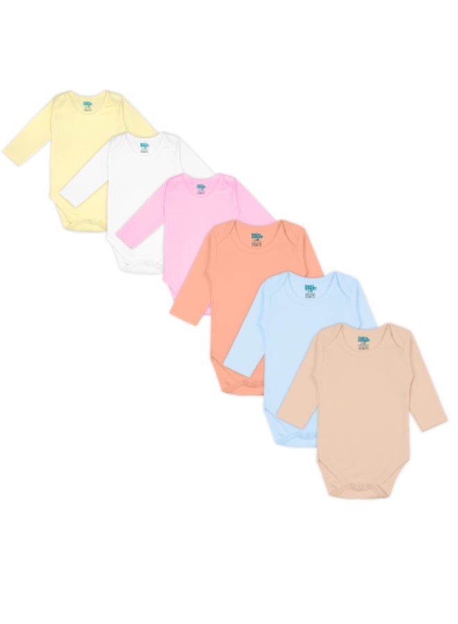Babies Basic 100% Super Combed Cotton, Long Sleeves Romper/Bodysuit, For New Born To 24Months, Set Of 6 - Blue, Orange, Brown, Pink, Lemon, White  - Image 1