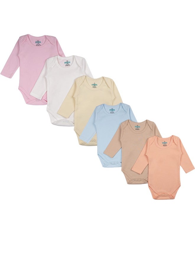 Babies Basic 100% Super Combed Cotton, Long Sleeves Romper/Bodysuit, For New Born To 24Months, Set Of 6 - Blue, Orange, Brown, Pink, Lemon, White  - Image 1