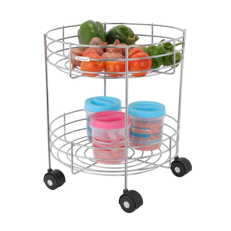 Gra8 Stainless Steel Round Trolley Kitchen Organizer with Wheels Vegetable Stand Shelf Rack Onion Potato Basket for Home UseRound2 Layer