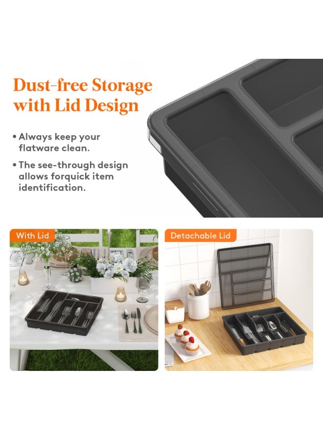 منظم الأواني الفضية مع الغطاء ، علبة الأواني المغطاة لدرج المطبخ والمطابق ، صندوق تخزين الأواني البلاستيكية والأدوات الملعقة شوك سكاكين حامل الحالة ، 6 مقصورات ، أسود - Image 2