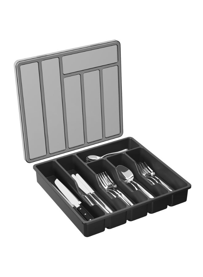 منظم الأواني الفضية مع الغطاء ، علبة الأواني المغطاة لدرج المطبخ والمطابق ، صندوق تخزين الأواني البلاستيكية والأدوات الملعقة شوك سكاكين حامل الحالة ، 6 مقصورات ، أسود - Image 1