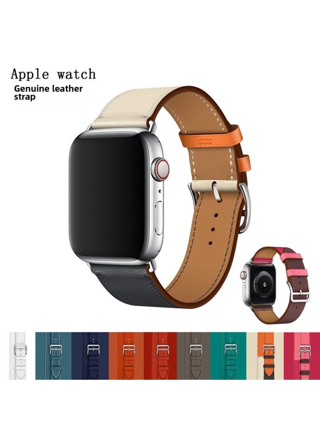 Generic - Suitable For Apple Watch Full Series Apple Watch Strap First Layer Cowhide Leather Hot Single Ring Strap-Color:42/44MM White (palm Print) - Image 1