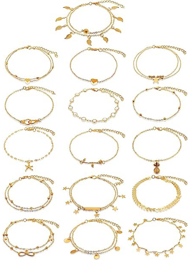 Anklets, Boho Ankle Bracelets Beach Anklets Foot Chains Adjustable Foot Hand Jewelry for Women Girls 16 Pieces - Image 1