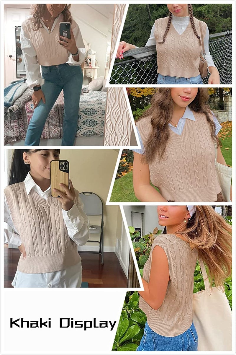 Lailezou Women's V-Neck Knit Sweater Vest Solid Color Argyle Plaid Preppy Style Sleeveless Crop Knit Vest - Image 2