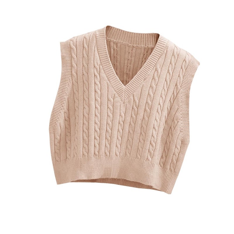 Lailezou Women's V-Neck Knit Sweater Vest Solid Color Argyle Plaid Preppy Style Sleeveless Crop Knit Vest - Image 1