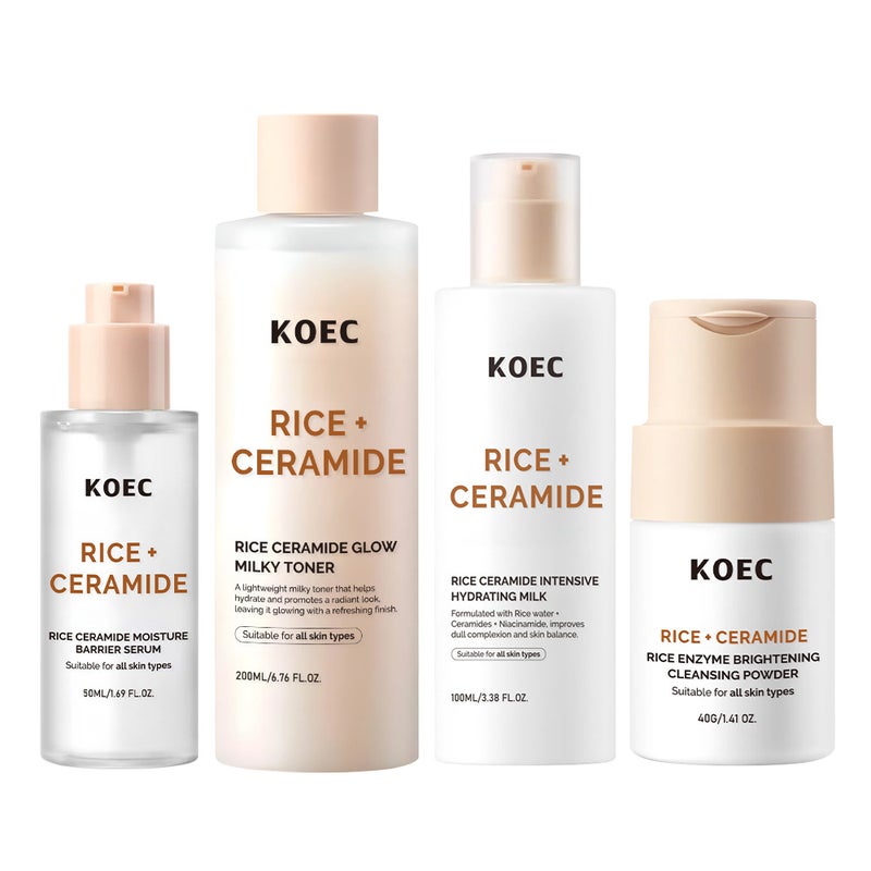 Koec Rice Ceramide Facial Skin Care 4-Piece Set Rice Water + Essence + Moisturizing Milk + Cleansing Powder - Image 2
