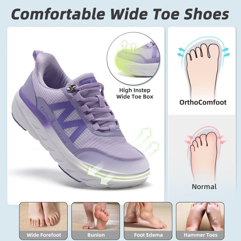 OrthoComfoot Women's Orthopedic Diabetic Wide Sport Shoes: Plantar Fasciitis Hammer Toes Pain Relief High Arch Supportive Neuropathy Heel Spur Walking Shoes, Lightweight Travel Swollen Sneakers Purple Size 7.5 - Image 2