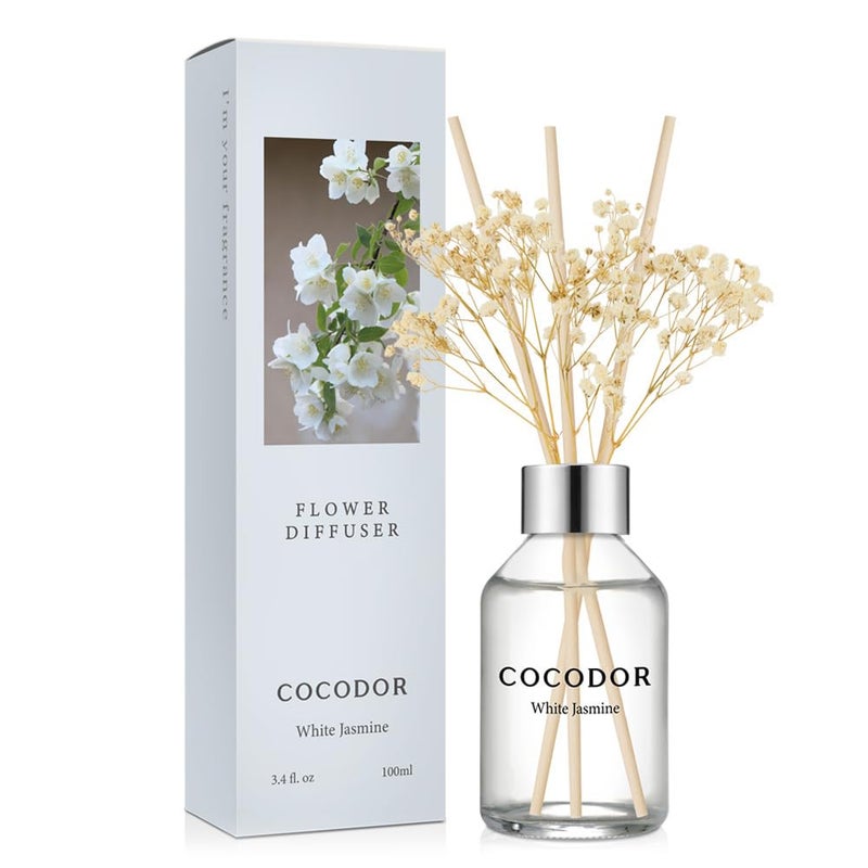 COCODOR Flower Reed Diffuser Set / 3.4oz / White Jasmine/Scent Diffuser with Sticks Home Fragrance Reed Diffuser for Bathroom Shelf Decor - Image 1
