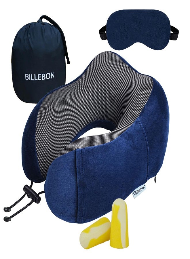 Billebon Neck Pillow for Travel – Comfortable Memory Foam Support, U-Shape Ergonomic Design, Portable for Flight Journeys, Lightweight Compact Build, Soft Washable Cover (Navy Blue with Eye Mask) - Image 1
