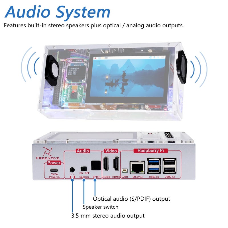 FREENOVE Raspberry Pi 5 Case with Screen (4.3'' Touchscreen), 128GB M.2 NVMe SSD 800 MB/s, 5 MP Camera, OLED Screen, Stereo Speakers, 3.5 mm and Optical Audio (S/PDIF) - Image 5