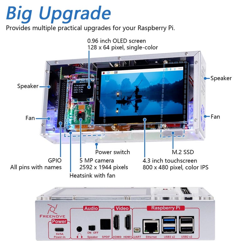 FREENOVE Raspberry Pi 5 Case with Screen (4.3'' Touchscreen), 128GB M.2 NVMe SSD 800 MB/s, 5 MP Camera, OLED Screen, Stereo Speakers, 3.5 mm and Optical Audio (S/PDIF) - Image 3